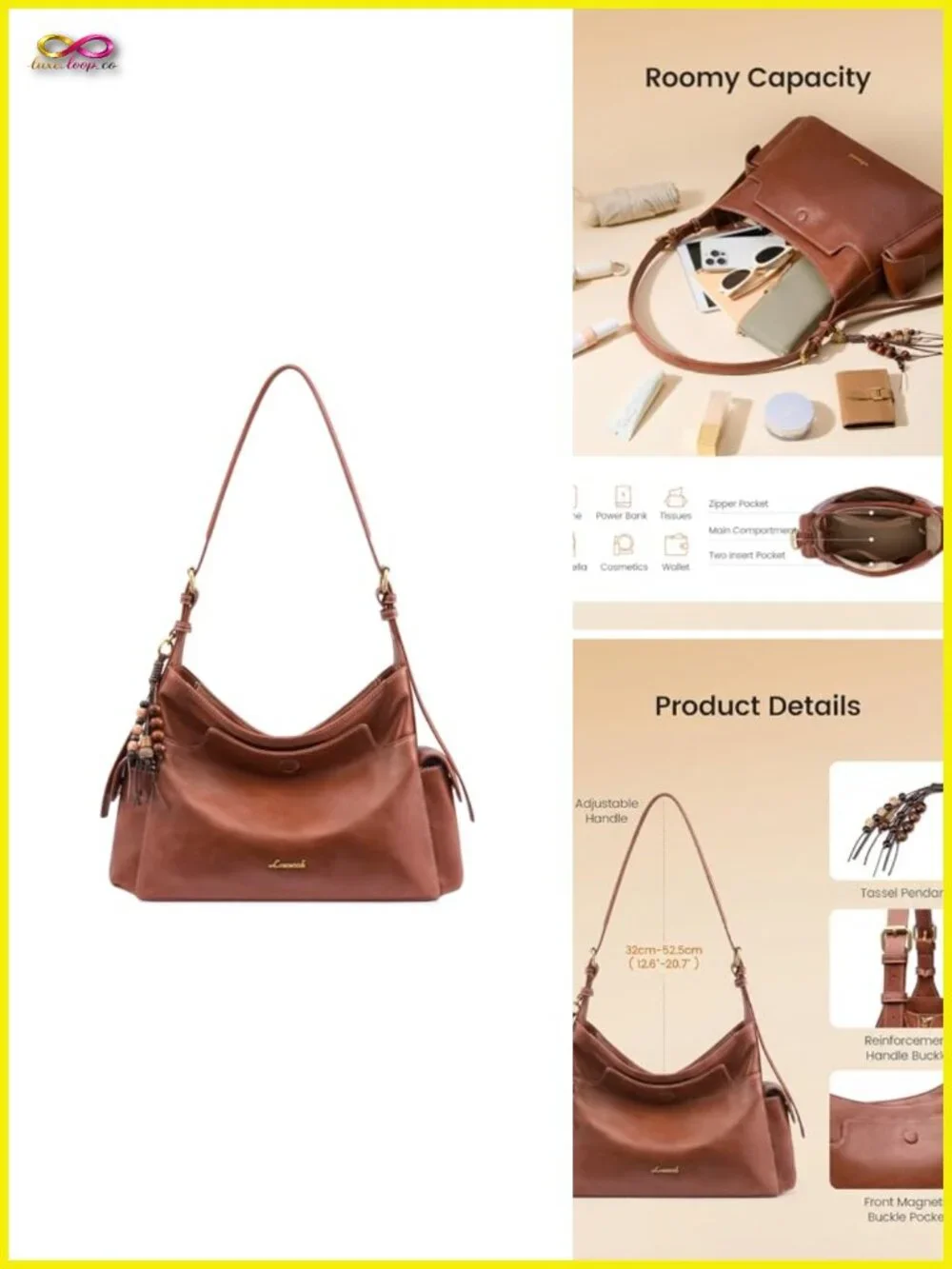 Vegan Leather Hobo Crossbody Purse with Tassel Charm Shoulder Bag